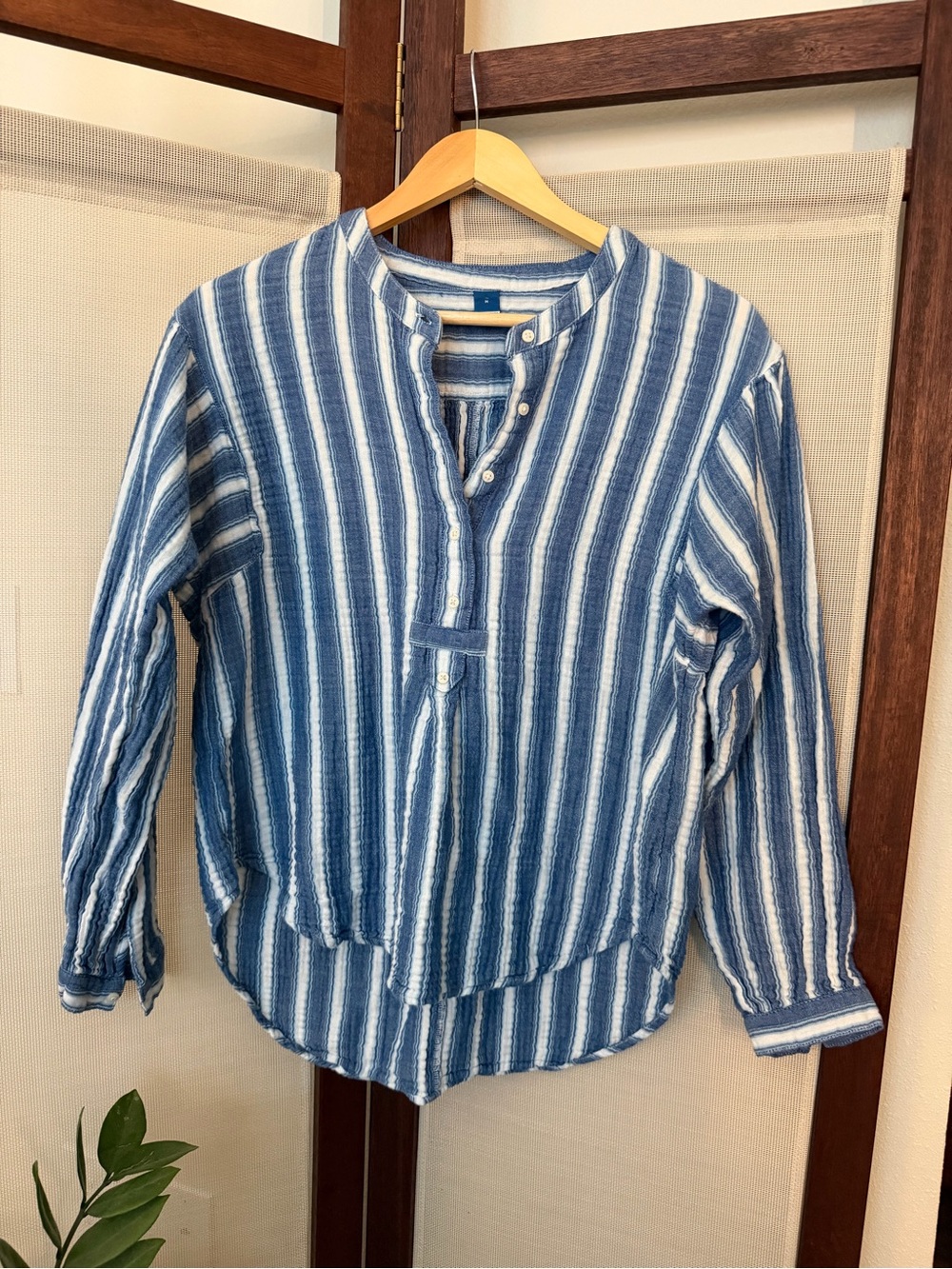 Striped Blue & White Cotton Henley Top